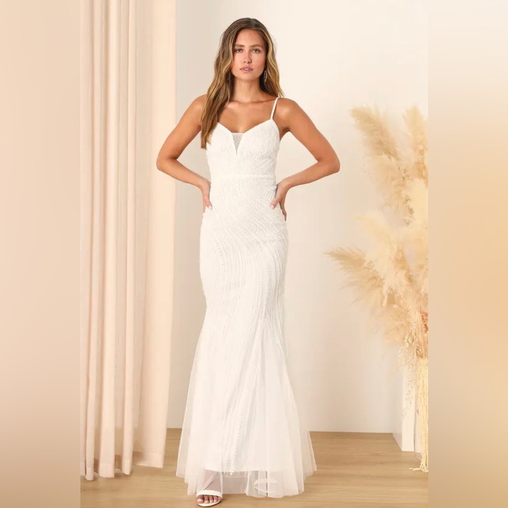 LULUS Enchanted Nights White Sequin Mermaid wedding gown - BRIDAL